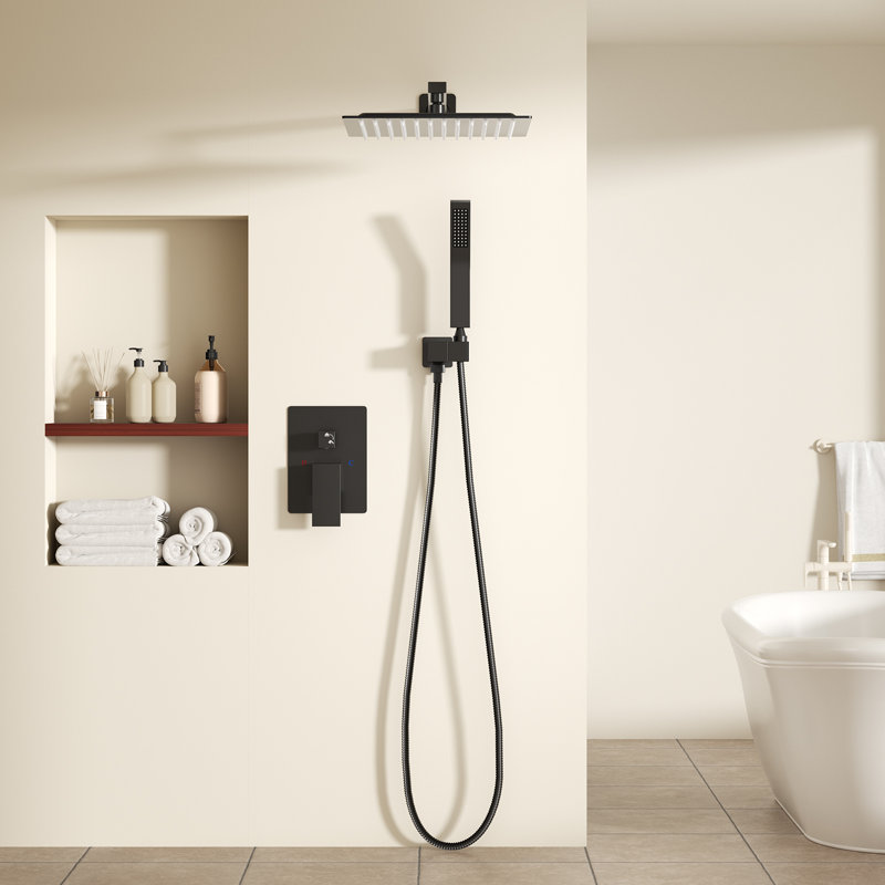 Système de douche mural avec pomme de douche Raincan 12 po et douche à main combinée, Black, 12 in