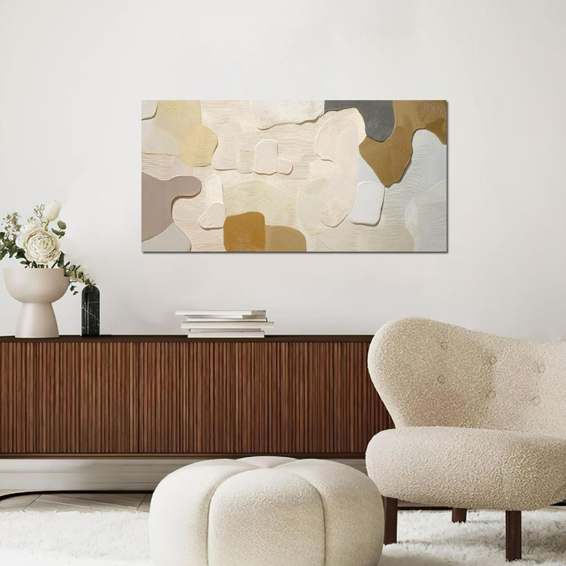Grande œuvre d'art abstraite neutre sur toile 20 po x 40 po beige et brune pour salon