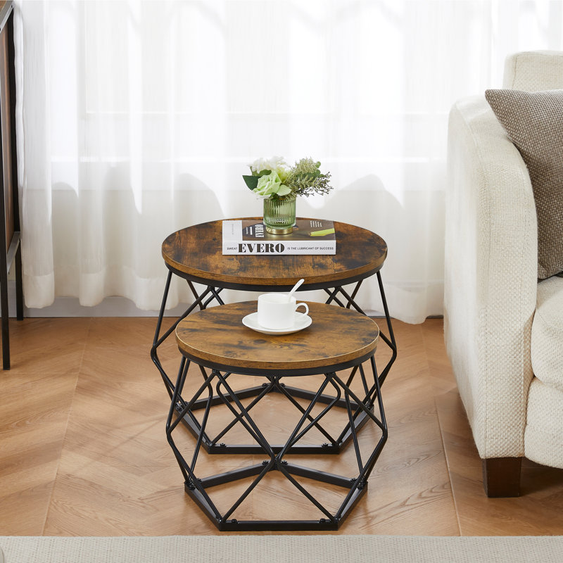 Nest of 2 Geometric Tables, Modern Stylish Living Room Home Furniture, Dark Wood
