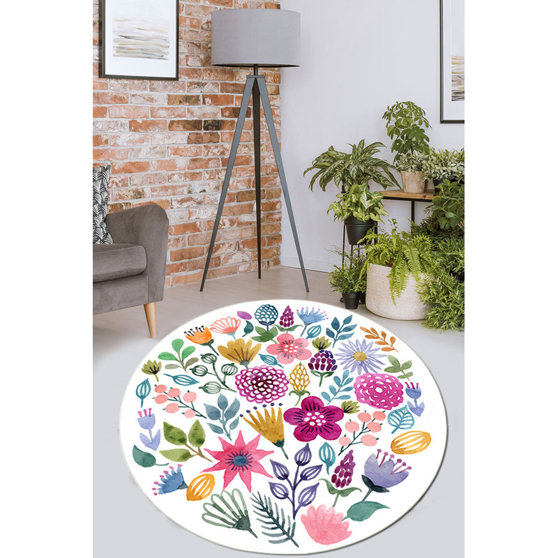 Round Area Carpet, 6.6 ft Diameter, 100% Polyester, 0.4 in Pile Height | Antibacterial, Non-Slip Felt Dot Underside, Machine Washable | Perfect for Living Room, Bedroom & Kids' Playroom, Soft & Durable