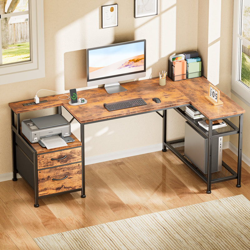 Bureau en L avec station de charge, 2 tiroirs en tissu et tablettes réglables, bureau d'ordinateur pour petits espaces