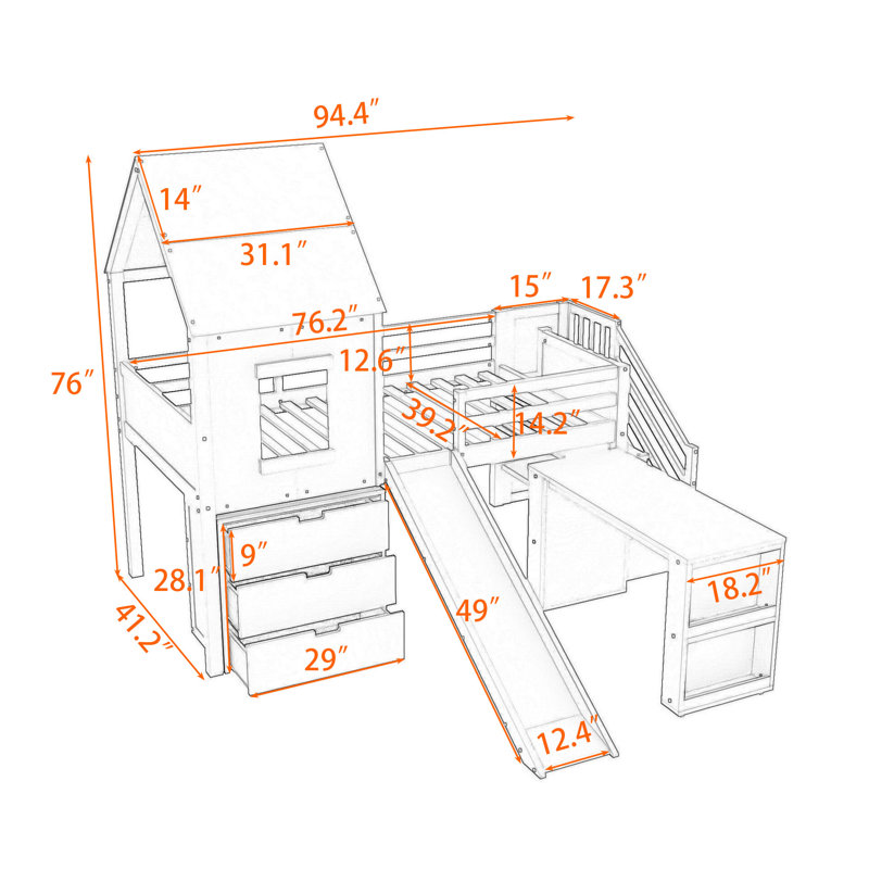 Twin Wooden House-Style Loft Bed with Built-in Slide, Stairs, and Storage, White