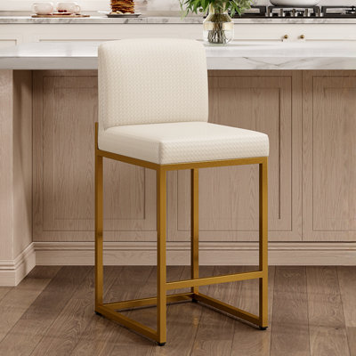 24" Modern Upholstered Kitchen Counter Stool with Gold Metal Sled Base & Off-White Woven Faux Leather