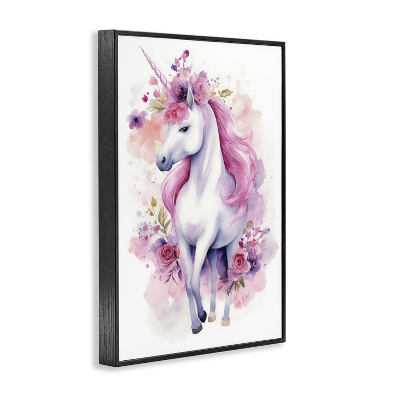 Giclée encadrée de licorne pastel et florale, design by Creative Studio, H 18 po x l 12 po, Giclée encadrée noir minuit