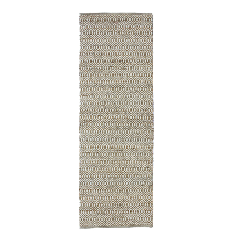 Tapis géométrique tissé à plat à la main blanc / brun, Tapis de couloir 2 pi 6 po x 12 pi