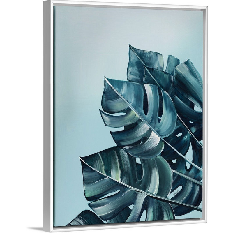 « tropical palms vi », peinture sur toile, H 17,7 po x l 13,7 po x p 1,75 po, Cadre flottant blanc
