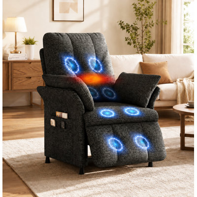 34"W Power Recliner Chair with Heat & Massage, Reclining Sofa with Remote Control and 3 Side Pockets, Easy Assembly Sleeper for Living Room