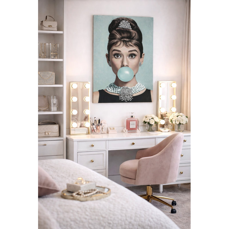 Elegant Audrey-Inspired Teal Bubblegum Canvas Wall Art, 40" H x 30" W