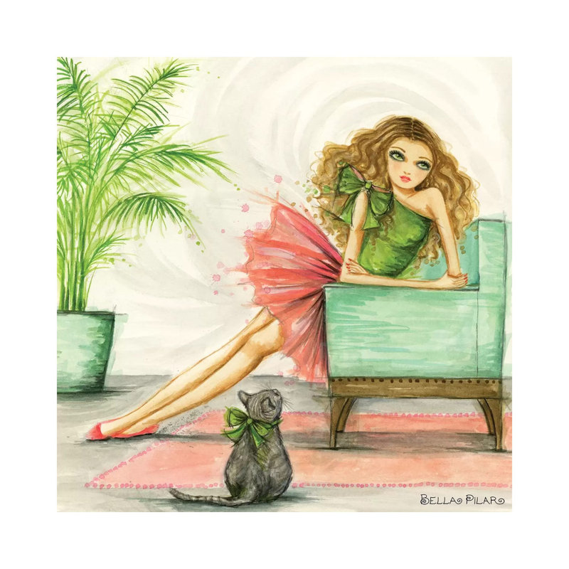 Claudia And Her Cat With The Big Green Bow by Bella Pilar - Wrapped Canvas Painting, 93.98 cm H x 93.98 cm W x 3.175 cm D