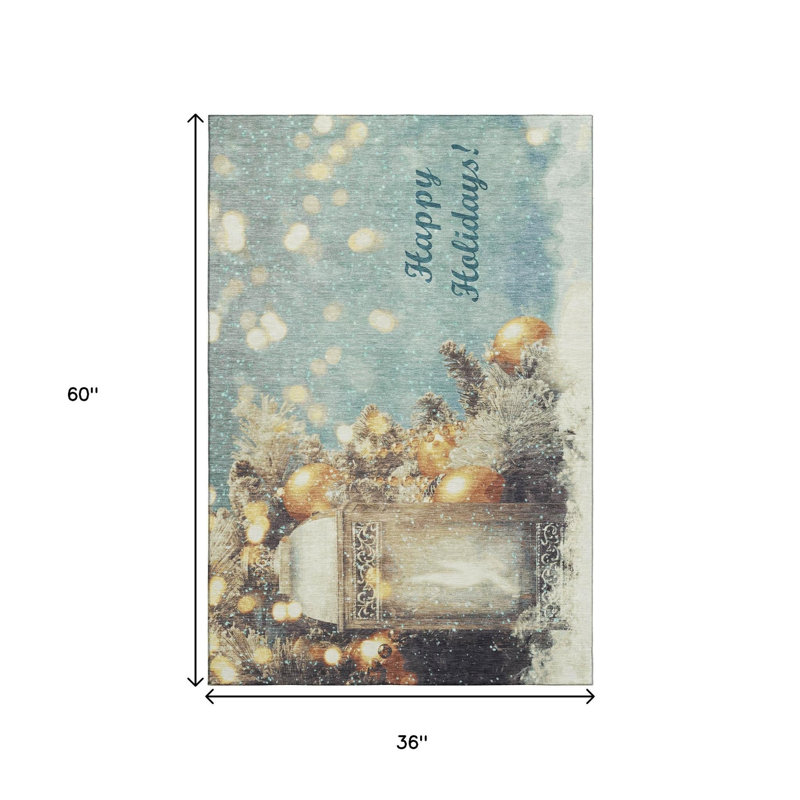 Hukill 3' X 5' Blue Gold And Ivory Christmas Distressed Washable Area Rug With UV Protection