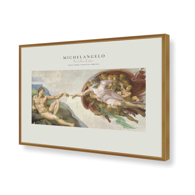 La création d'Adam par Michel-Ange v2, H 19,25 po x l 25,25 po x P 1,25 po, Reproduction encadrée sans passe-partout, Or poli