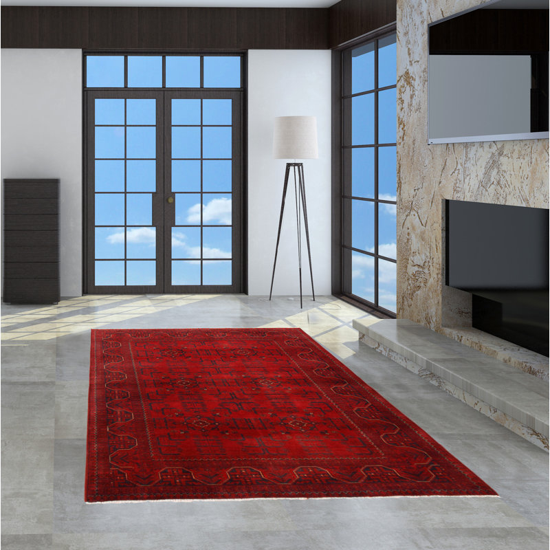 Tapis rouge en laine noué à la main de conception unique 5 pi x 6 pi 4 po Monir
