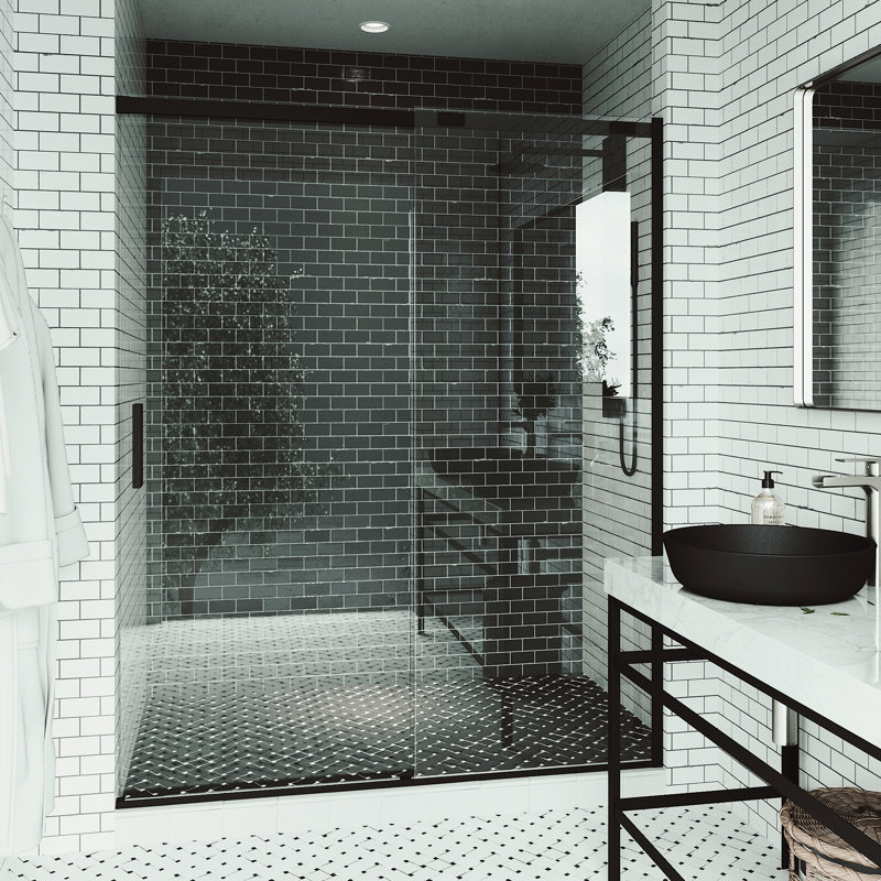 VIGO Amada 56"–60" W x 74" H Frameless Sliding Shower Door in Matte Black with Clear Tempered Glass, Black