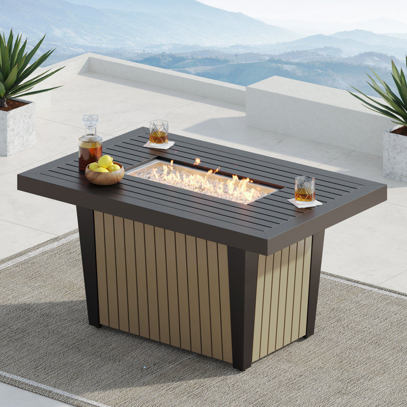 Aluminum Propane Outdoor Fire Pit Table with Hidden Fuel Tank Storage & Lid, Black/Brown