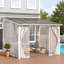 Pergola blanche avec toit rigide et abri de jardin avec rideaux et moustiquaire-123829709
