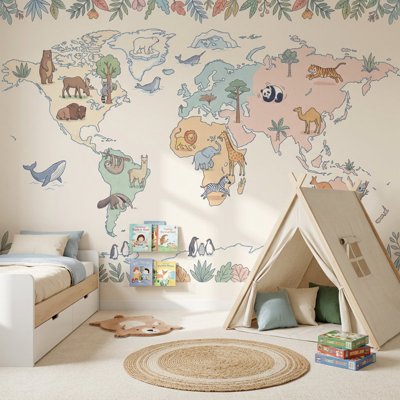 World Map Wallpaper Global Map Removable Nursery Map Wall Decor, Texturé non collé, 120 po x 96 po