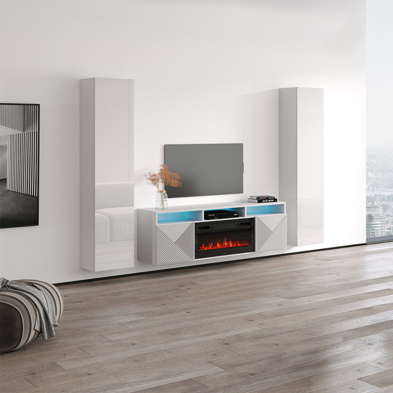 Brezhane 94.6" Modern Entertainment Center with Electric Fireplace, High Gloss Finish, Wall-Mounted, White