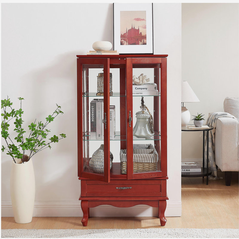 Armoire vitrée éclairée vitrine vitrée avec tablettes réglables en verre 2 portes et 1 tiroir Armoire incluse, Cerisier