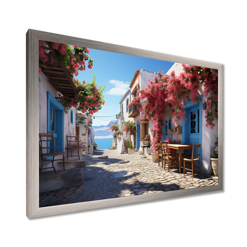 Grèce, Grèce, île grecque, art mural, H 34 po x l 44 po x P 1,5 po, Cadre simple argenté