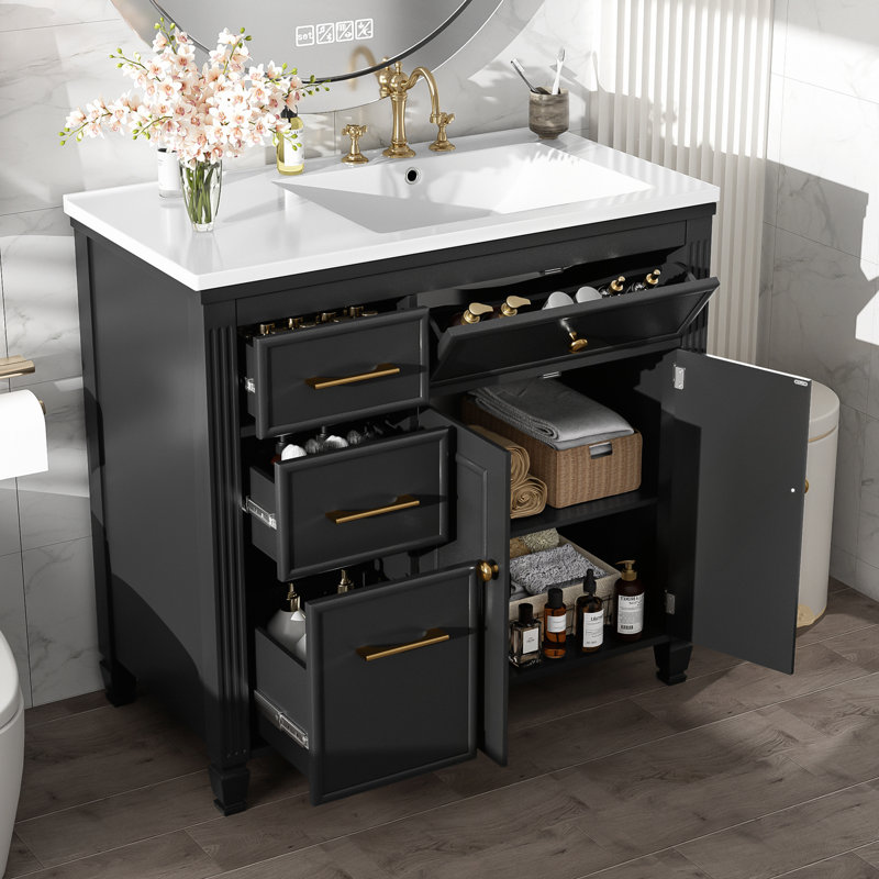 Meuble-lavabo moderne de 36 pouces avec lavabo en céramique, plusieurs tiroirs et tablette réglable au fini noir, Noir