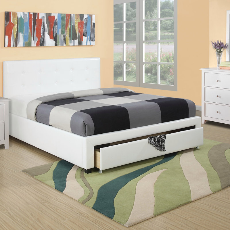 Mobilier de chambre à coucher avec rangement blanc sous le lit, similicuir, cadre de lit, Complet/Double