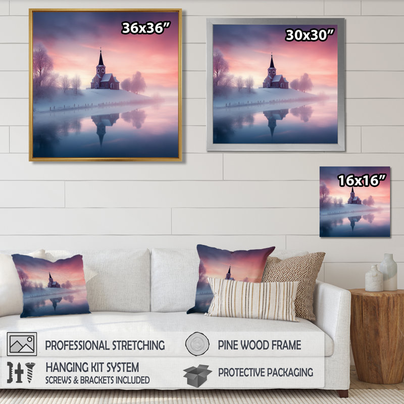 «Little Church In Misty Snow Landscape Sunset II», art mural, Toile avec cadre flottant or, H 16 po x l 16 po x P 1 po