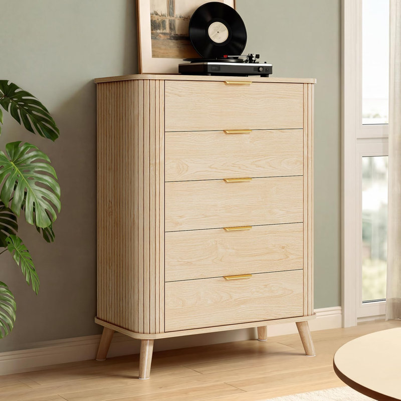 Fluted Dresser For Bedroom,Tall Modern Chest Of Drawers With 5 Drawers, Vertical Dressers,Wood Closet Clothes Storage Organizer For Living Room, Hallway, Natural Oak