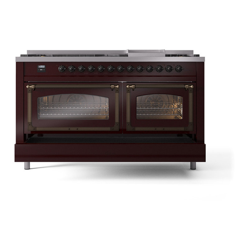ILVE Nostalgie II Noblesse 60 in Dual Fuel Range, 9 Burner, Griddle, Natural Gas, Burgundy/Burnished
