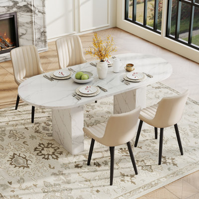 62.99" Oval Farmhouse MDF Dining Table Set with 4/6 PU Leather Dining Chairs, Wood Strip Pedestal Base, Seats 4-6 for Kitchen & Dining Room