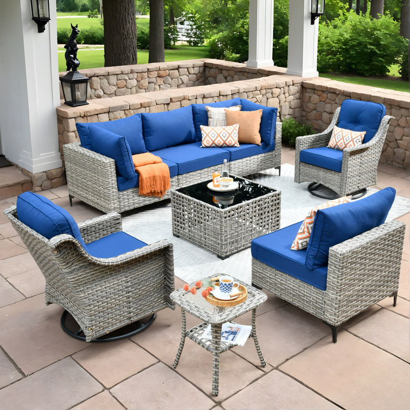 High Quality Pe Rattan Outdoor Sofa With Coffee Table And Rocking Chair 8-Piece Set, Navy
