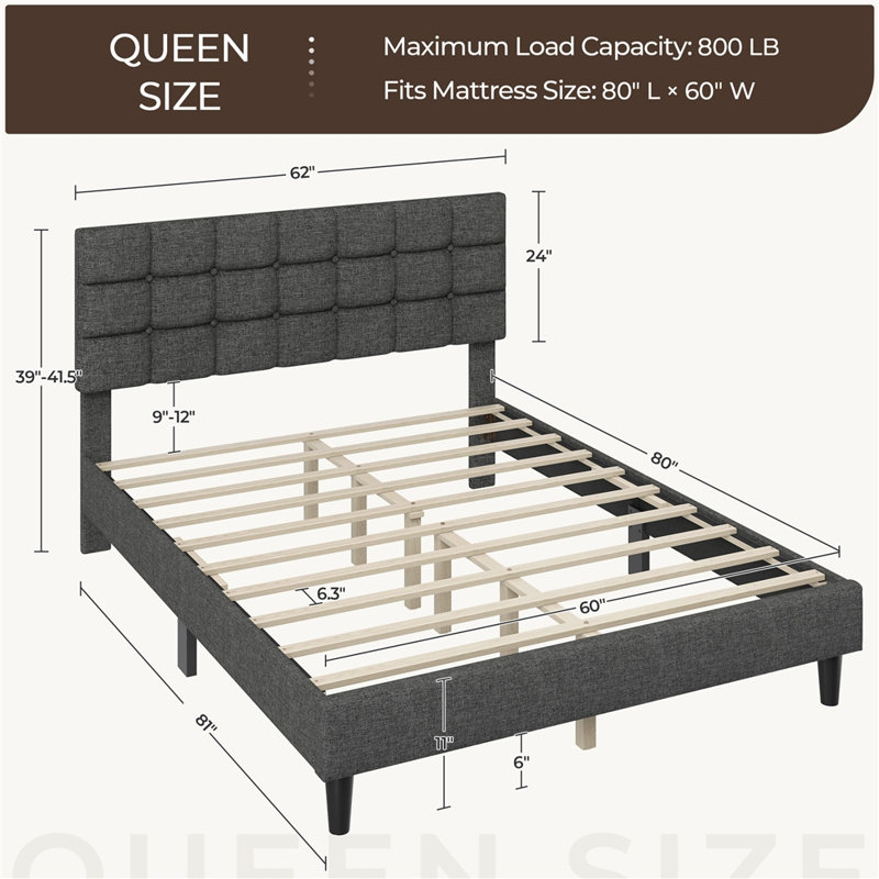 Contemporary Modern Tufted Upholstered Platform Bed, Queen, Dark Gray