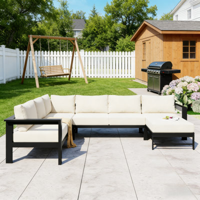Canapé modulaire d'extérieur de 114 po en forme de U avec coussins de 6 po d'épaisseur, ensemble de conversation de patio moderne avec structure en fer, 6 sièges