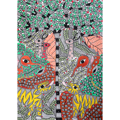 Vie sauvage et arbre de vie | Madhubani, peinture sur papier faite à la main