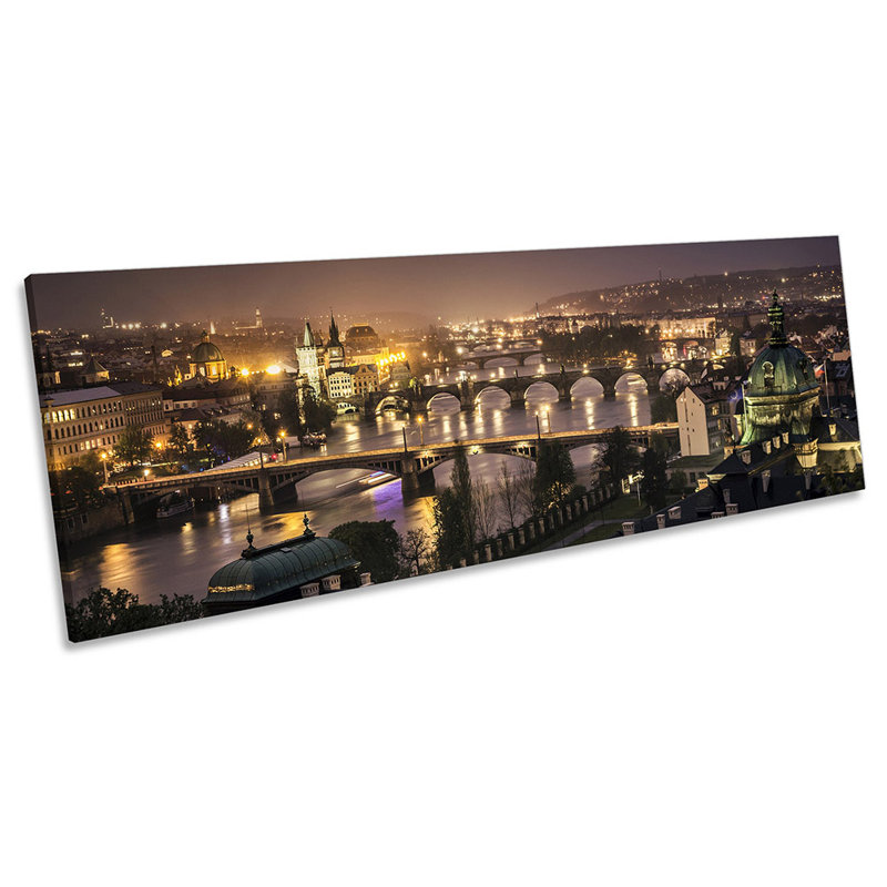 Prague Night Skyline - Wrapped Canvas Panoramic Art Prints, 30.48cm H x 91.44cm W