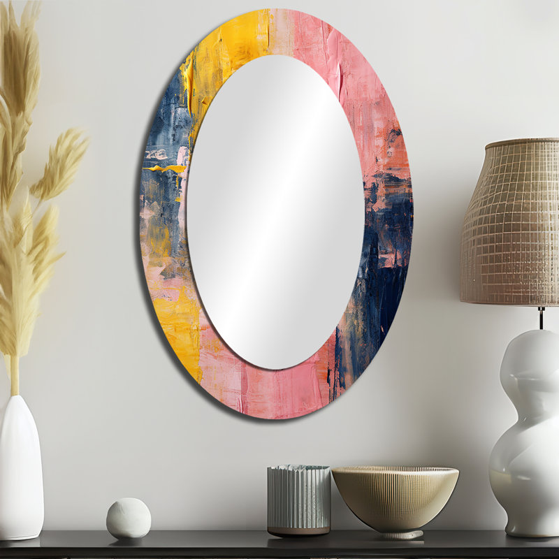 Celebrating Destiny Abstract Gold Pink Painting I - Gold Oval Wall Mirror Decor, 36" x 24"