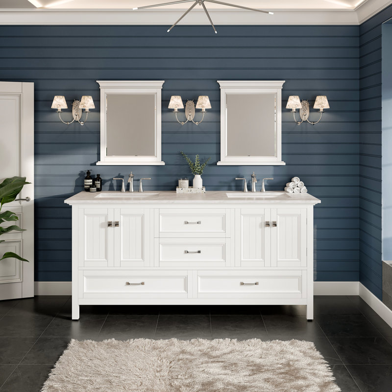 Ensemble de meuble-lavabo double 84 po Didomenico, Blanc, Quartz - blanc de Carrare