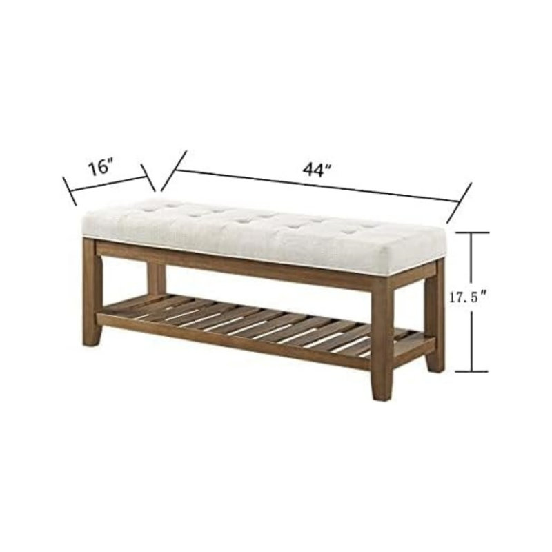 Large Rectangular Upholstered Tufted Linen Ottoman Bench, Padded Bench With Solid Wood Shelf-Ivory