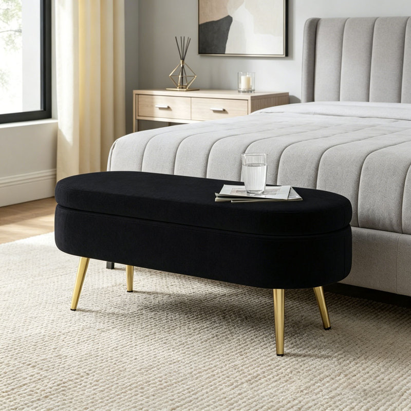 Ottoman Oval Storage Bench ith Metal Legs, Black
