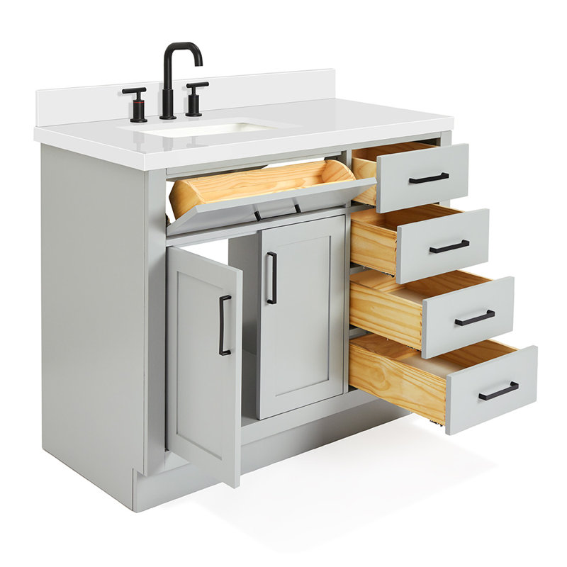 Meuble-lavabo simple en bois massif 42 po Tidworth avec plateau en quartz blanc 1,5 po, Gauche, Forme rectangulaire, Gris