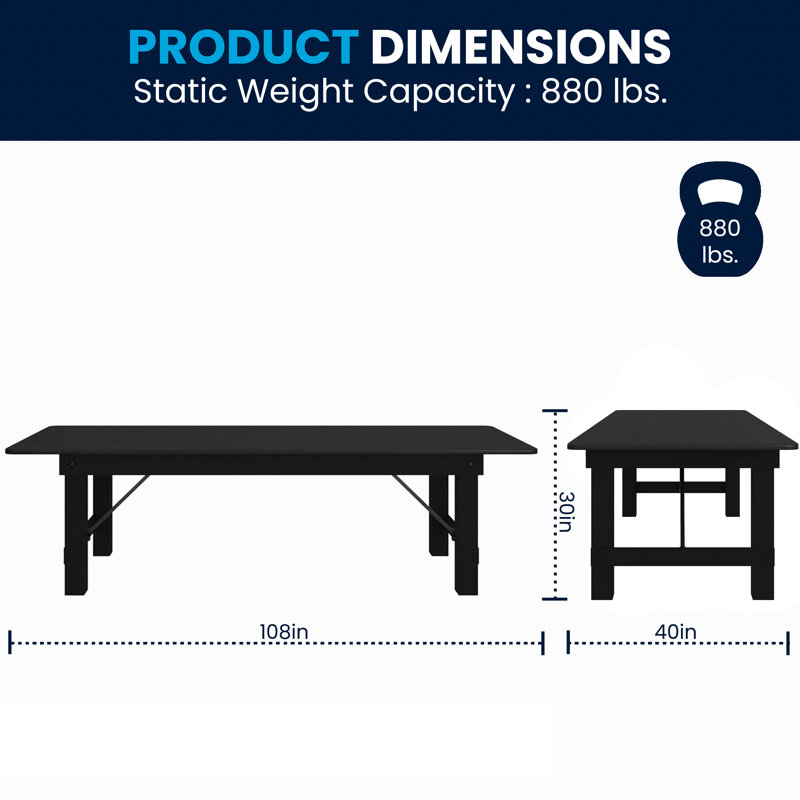 Dejon Rectangular Rustic Solid Pine Folding Dining Table by Flash Furniture, Black, 40"W x 108"L
