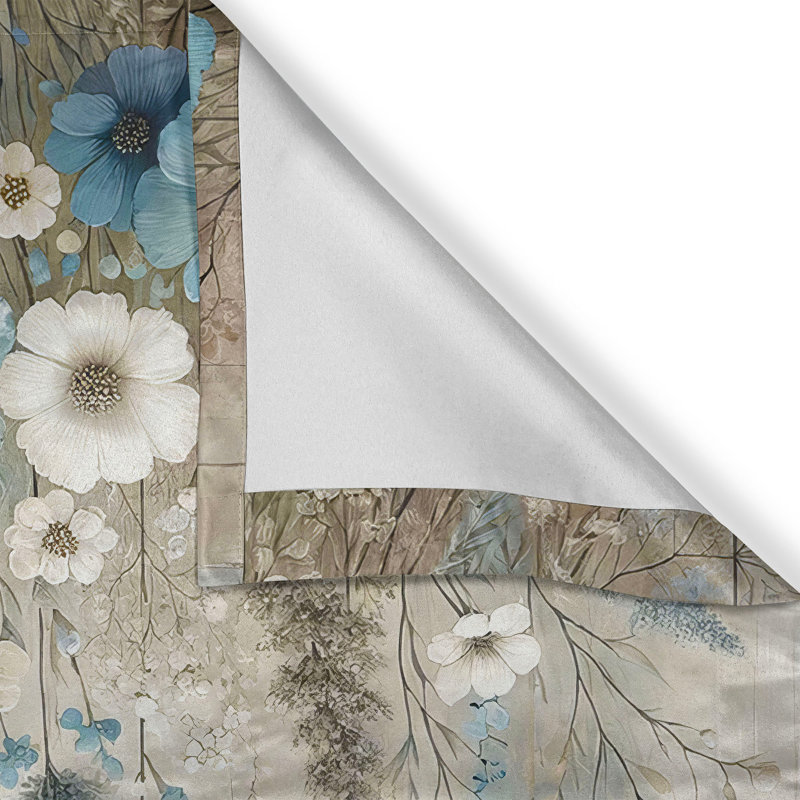 Pale Blue Floral Polyester Kitchen Curtain Set