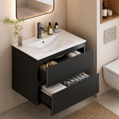 Meuble-lavabo suspendu noir de 61 cm (24 po) avec lavabo en céramique, meuble-lavabo mural moderne cannelé avec 2 tiroirs à fermeture douce pour salle d'eau
