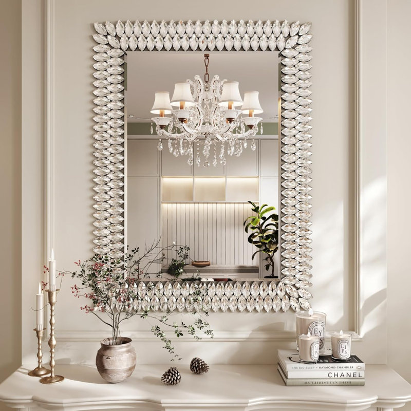 Large Jeweled Mirror for Wall Decor, Luxury Sparkling Diamond Mirror Beveled Modern Wall Decoration for Bathroom, Living Room, Bedroom, Hallway, Entryway