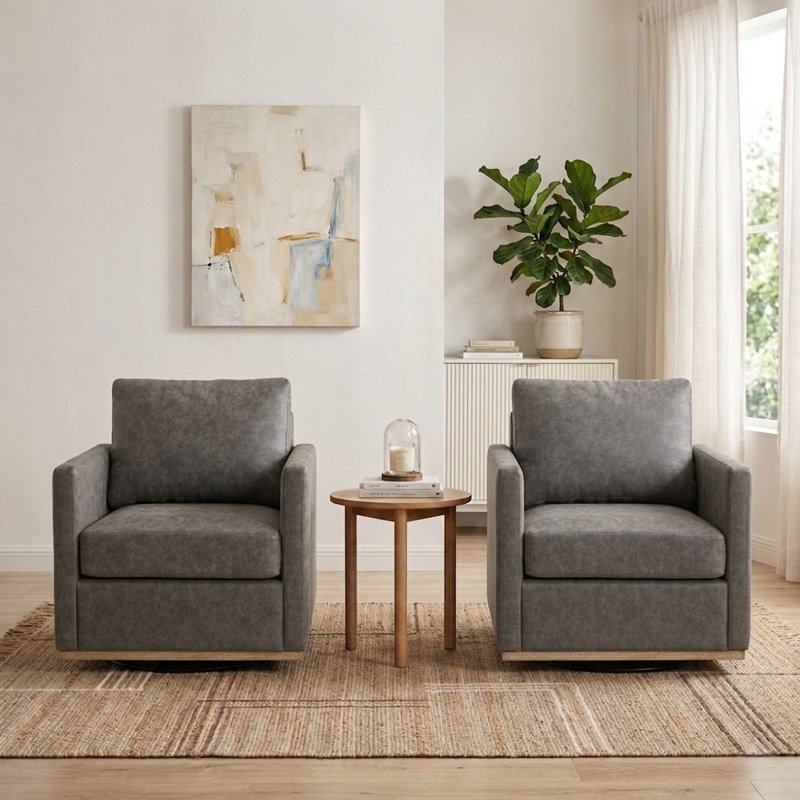 30.5" W Upholstered Comfy Swivel Club Chair, Gray Faux Leather