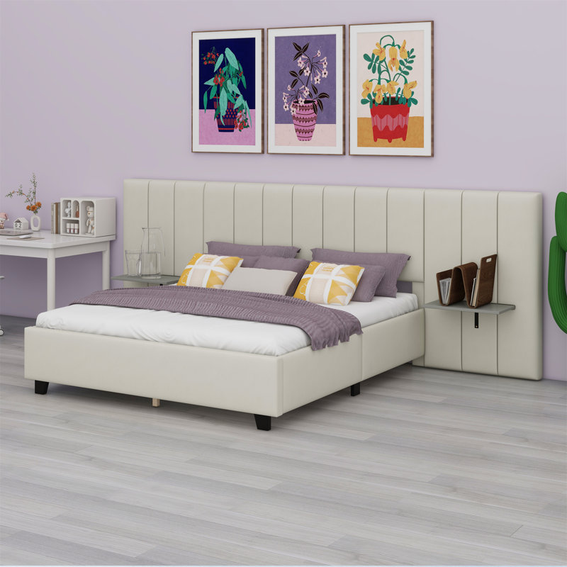Lit plateforme tapissier avec grande tête de lit, Beige, Grand lit