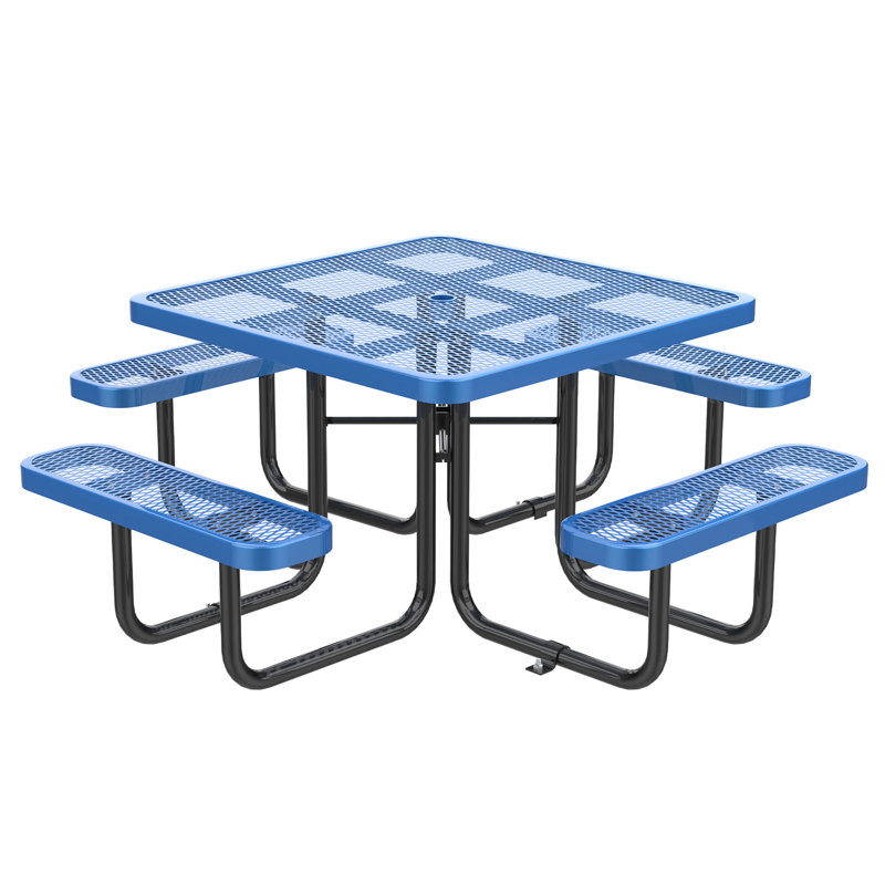 Table carrée pique-nique extérieure bleue de 46 pouces avec parasol de 48 mm, filet en acier de 2,5 mm pour une utilisation à long terme, pieds solides de 482,0 mm, éléments durs enduits par trempage à chaud, trou d'assemblage inclus,