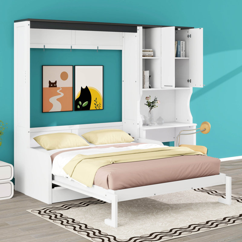 Lit escamotable Farmhouse multifonctionnel avec canapé, bureau et armoire de rangement, lit mural pliable en bois massif