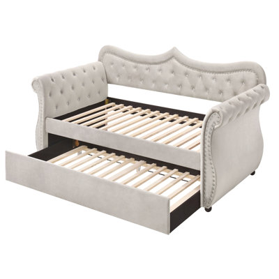 Modern Twin Daybed With Beige Upholstery - And Comfortable Trundle In Mattress Support & Sleek Arms