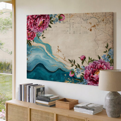 Toile, une illustration minutieusement détaillée présente un tableau vibrant de grandes pivoines luxuriantes dans des tons riches de rose et d'art mural sur toile