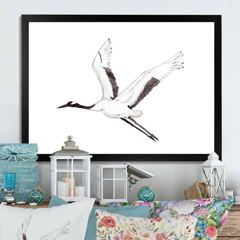 " Japanese Red Crown Crane Bird ", Black Closed Corner Framed, 8" H x 12" W x 1" D